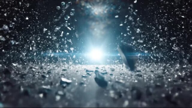 A dazzling explosion of shattered fragments bursts with bright light, creating a dynamic, abstract scene