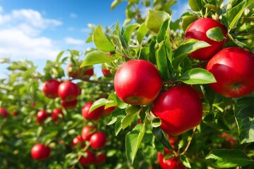 Fototapeta premium Lush Orchard with Abundant Red Apples Under Clear Blue Sky