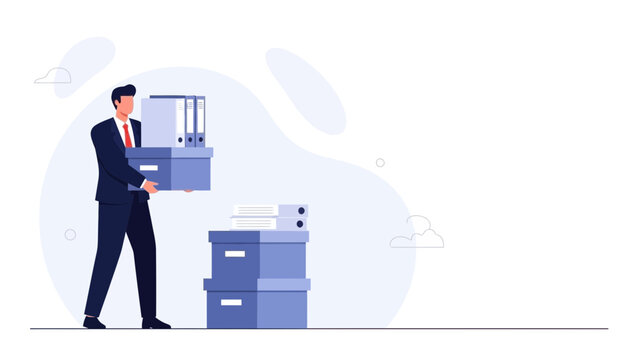 Businessman carrying stack of boxes with files and binders, office work concept