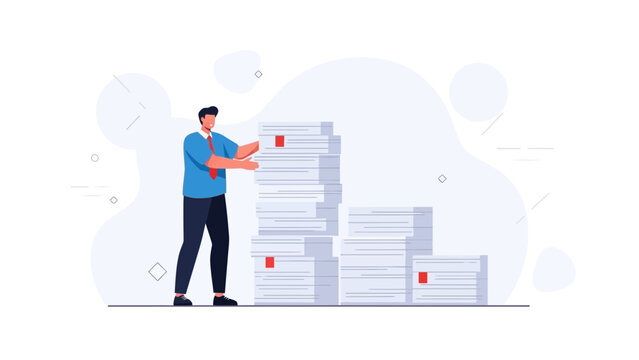 Overwhelmed businessman with huge stack of documents, workload concept