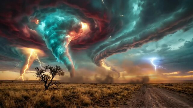 Apocalyptic landscape with multiple tornadoes and lightning striking dry field at sunset