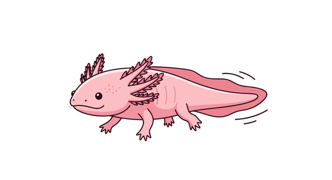 Pink axolotl vector illustration. Realistic swimming mexican walking fish side view. Cute leucistic salamander amphibian animal isolated on white background for biology or pet design.