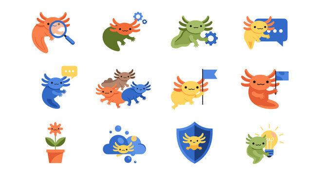 Axolotl mascot vector icons set. Flat colorful mexican walking fish characters for business, startup, and technology including search, chat, idea, security, and settings symbols.