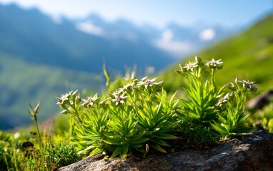 Naklejka premium Stunning Alpine Plants on Rocky Surface with Majestic Mountains in Distance