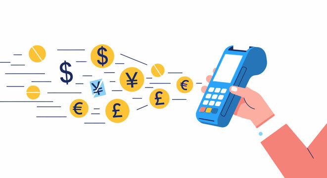 Digital payment processing illustration showing money transfer with currency symbols (USD, EUR, GBP, JPY) flowing into a handheld point of sale machine on a white background.