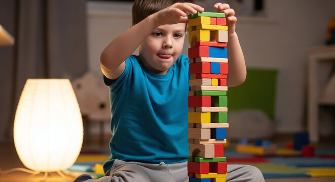 Boy playing with colorful building blocks stacking a tower kids school life learn study undergraduat