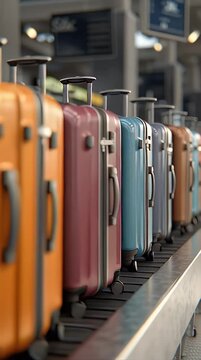 Close-up of multicolored suitcases on a luggage carousel at an airport
