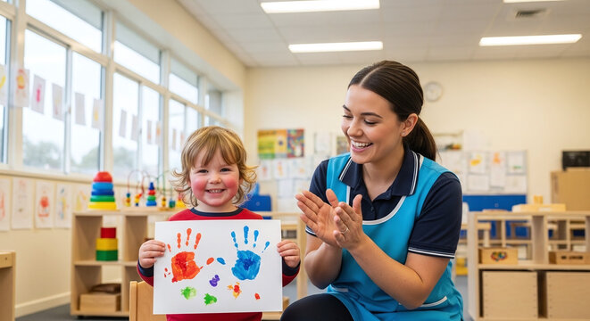 Happy child with handprint art and proud caregiver in classroom kids school life learn study undergr