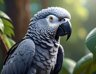 Fototapeta premium A stunning grey parrot portrait, partially obscured by lush green leaves