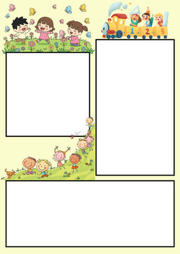 Joyful and colorful template design featuring cheerful children playing and learning, ideal for educational materials, invitations, or fun announcements
