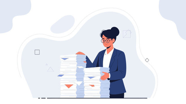 Businesswoman managing stack of papers, organization and bureaucracy concept