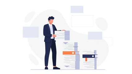 Fototapeta premium Businessman Organizing Paperwork and Data in Office