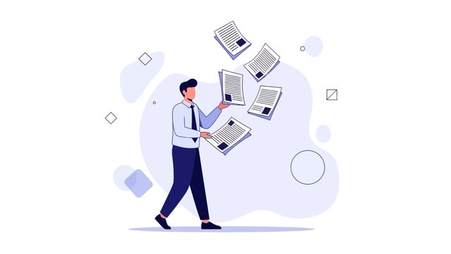 Businessman juggling documents, managing workload and multitasking concept