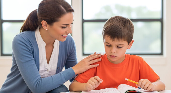 Mother Helping Son with Homework Supportive Education kids school life learn study undergraduated