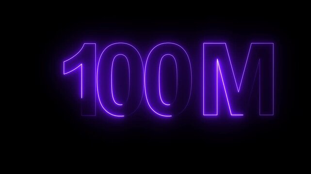 Glowing neon light 100M icon followers or subscribers celebration text animation 100M for views, business, dollar use all of with black background.4K video