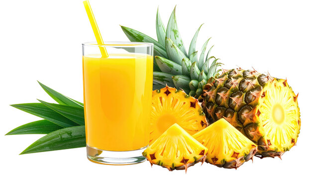 Pineapple juice in glass with straw near pineapple cut-ups and leaves on dark background
