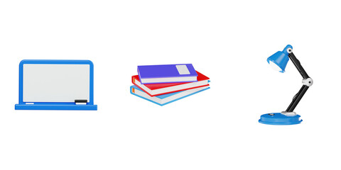 3D illustration of school supplies set with whiteboard stack of books and desk lamp on white background