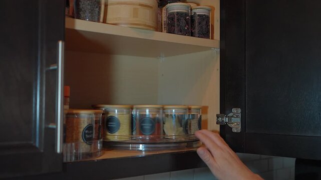 woman reaching for glass spice jar from rotating turntable in kitchen cabinet