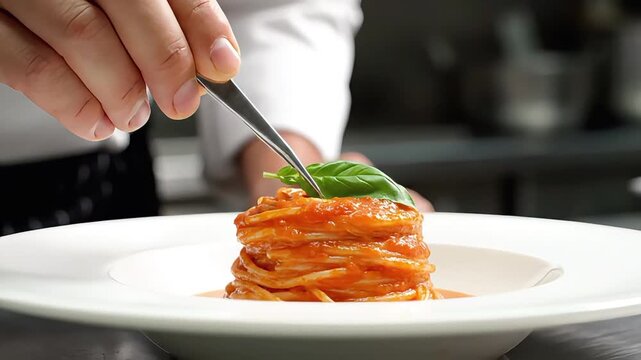 Spaghetti nest garnished with basil leaf by hand on white plate sequence