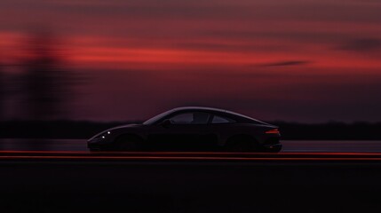 Obraz premium Silhouette of a vehicle on a road at sunset.