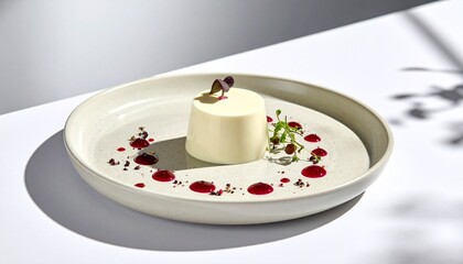 Obraz premium A delightful white dessert adorned with vibrant red berry coulis dots on a minimalist plate