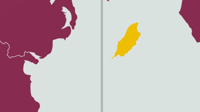 Isle of Man map. Animated zoom into the country on the Globe in Pale Mint Dark Pink color palette. Country logo animation with round text and airplanes. Map with meridians, parallels. Alive video.