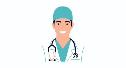 Smiling Male Doctor Avatar Icon. Professional medical worker in scrubs, lab coat, and stethoscope. Healthcare vector illustration on white background.