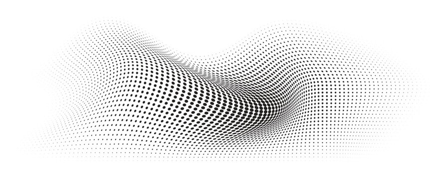 Flowing Wave Dot Halftone Pattern: Curve Gradient Shape on Transparent Background. Suitable for AI, Tech, Network, Digital, Science, and Technology Themes.