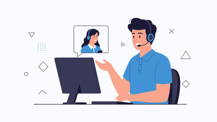 Customer service agent in headset, video call with colleague, online support concept