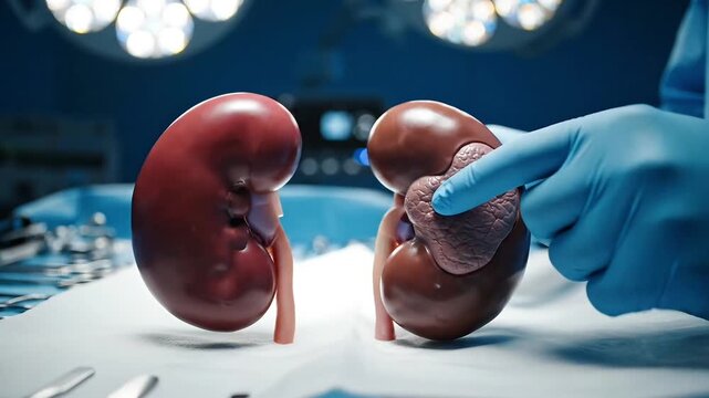 Surgical preparation of human kidneys for transplant in operating room.