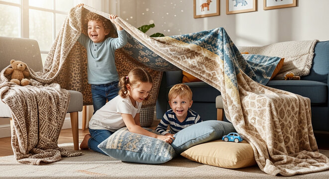 Happy children playing in a blanket fort at home kids school life learn study undergraduated