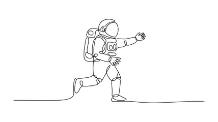 Minimalist black and white line of an astronaut walking with one line space line single line