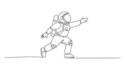 Minimalist black and white line of an astronaut walking on a flat surface space suit line black and white