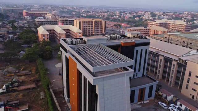 Jib down of the new Ministry of Works office building on a large construction site in Abuja, Nigeria