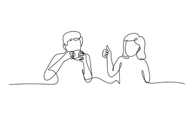 Minimalist line of two people sitting at a table one drinking from a cup the other giving a thumbs up