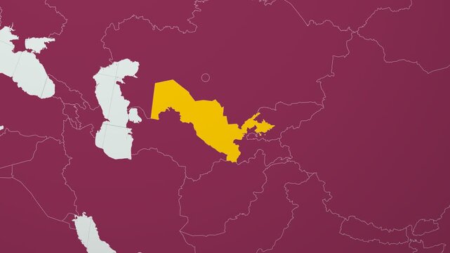 Uzbekistan map. Animated zoom into the country on the Globe in Pale Mint Dark Pink color palette. Country logo animation with round text and airplanes. Map with meridians, parallels. Authentic video.