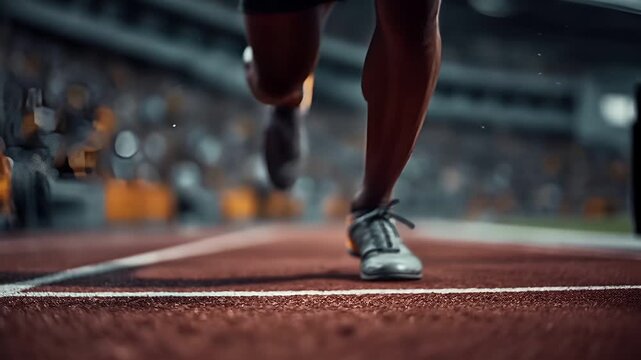 Cardio sports exercise, healthy lifestyle. A closeup of a male athlete in a starting position on a running track, with his hands on the starting block. The background is blurred.