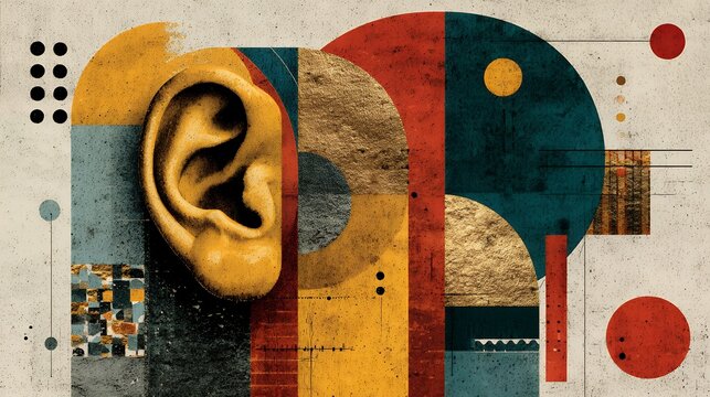 Flat illustration poster for International Ear Care Day, bold ear icon with abstract sound lines, memphis accents, subtle boho textures, strong negative space