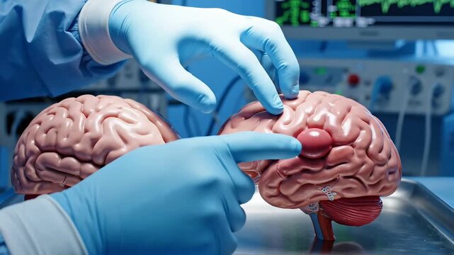 Surgeons operating on a human brain model in a futuristic operating room.