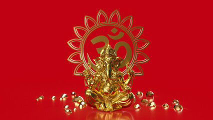 Obraz premium Golden Ganesha with Om Symbol on Red 3d render.
