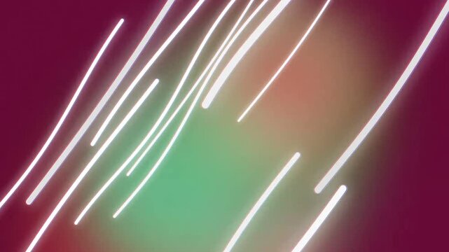 Abstract glowing neon lights streaking across a vibrant maroon background with a soft green glow