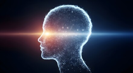 Obraz premium Abstract representation of a human head silhouette composed of glowing particles and light rays, symbolizing intelligence, consciousness, and the power of thought in a dark, futuristic setting