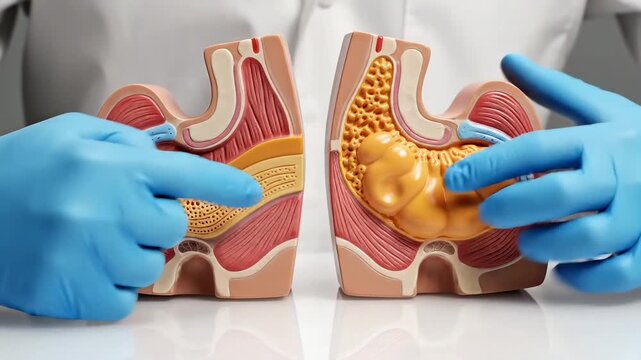Medical professionals demonstrate anatomical model of pancreas and duodenum.