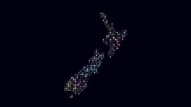 New Zealand animated country shape. Pulsating colored dots on the map of the country. Small size circle blocks. Digital style New Zealand map on dark background. Modern animation video.