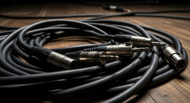 Coiled black audio cable with connectors.