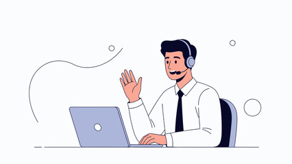 Friendly Customer Service Representative with Headset and Laptop, Waving Hello