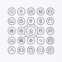 Fototapeta premium Vector illustration of a business web icon set featuring internet communication symbols like mail, search, and home buttons for website design