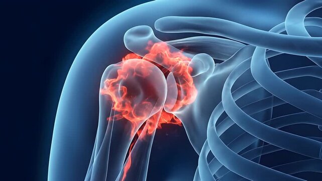 Close up of human shoulder joint with glowing red inflammation and radiating pain signals on a dark blue background representing medical condition and discomfort