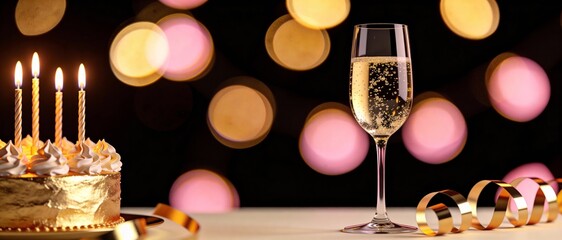Fototapeta premium Golden birthday cake with lit candles and champagne flute against bokeh lights