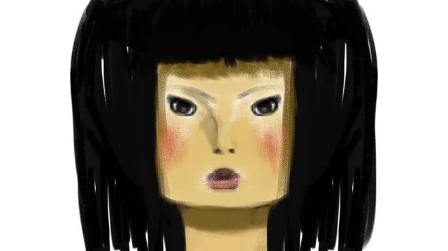 The woman's face takes up the entire screen. She blinks and periodically blushes with embarrassment.